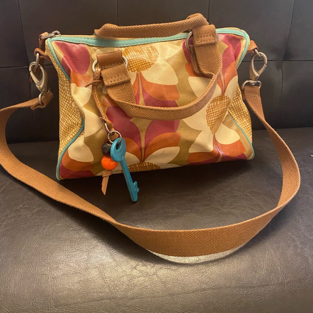 Fossil Key-Per Utility Multi Color Tote Coated Canvas Purse Handbag